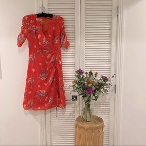 BEBE WOVEN FLORAL DRAW STRING DRESS
